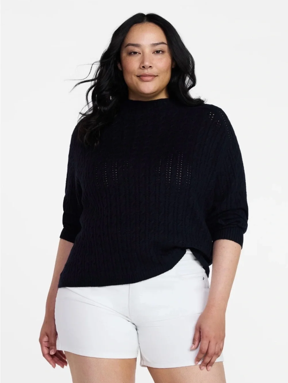 Time and Tru Navy Pointelle Mock Neck Pullover Sweater